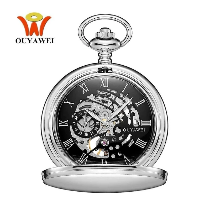 Mechanisch Handaufzug Taschenuhr Silber Schwarz Edelstahlgehäuse Wasserdicht Hombre Watch Men