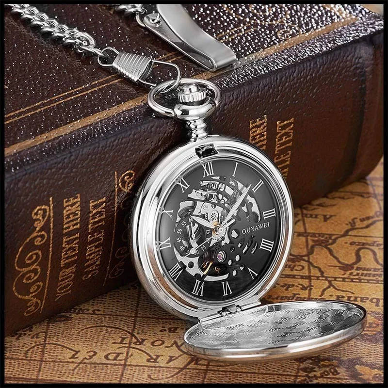 Mechanisch Handaufzug Taschenuhr Silber Schwarz Edelstahlgehäuse Wasserdicht Hombre Watch Men