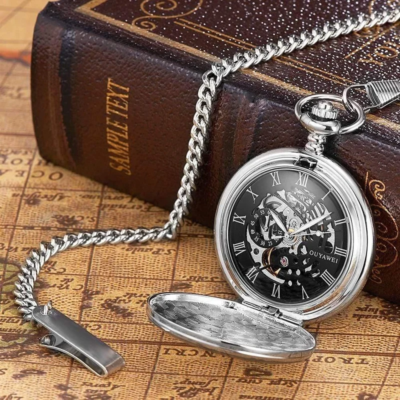 Mechanisch Handaufzug Taschenuhr Silber Schwarz Edelstahlgehäuse Wasserdicht Hombre Watch Men