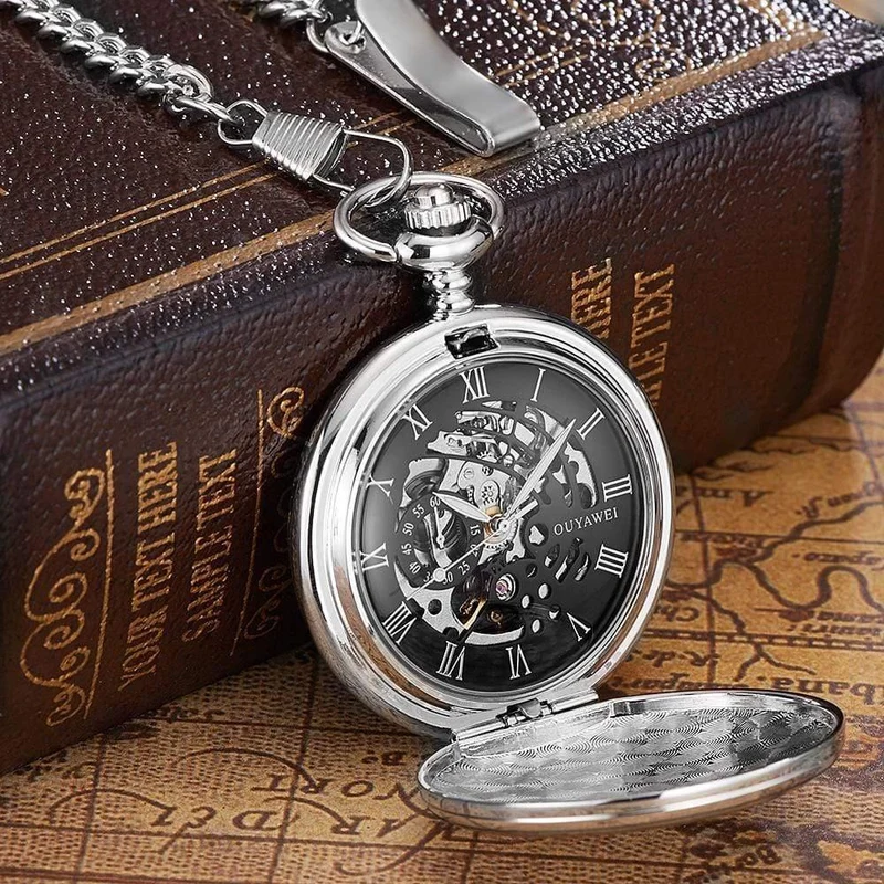 Mechanisch Handaufzug Taschenuhr Silber Schwarz Edelstahlgehäuse Wasserdicht Hombre Watch Men