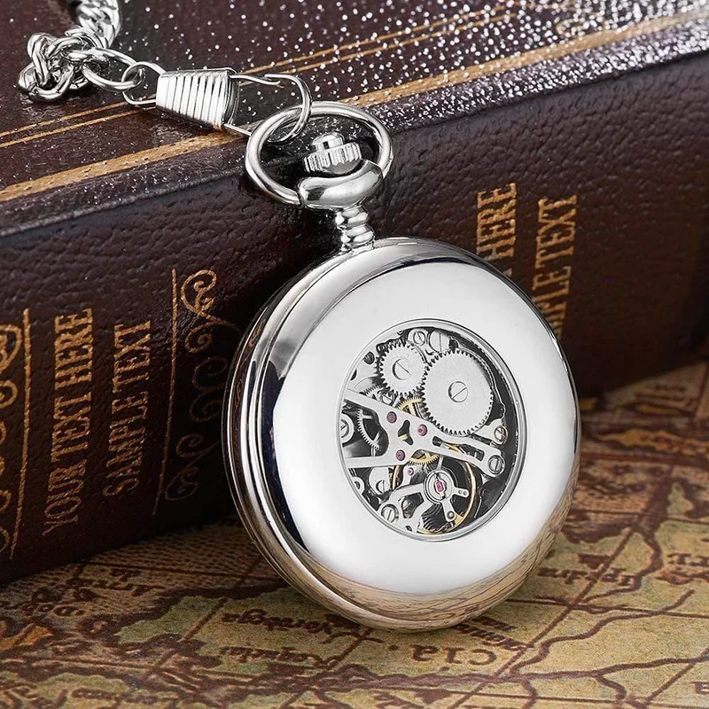 Mechanisch Handaufzug Taschenuhr Silber Schwarz Edelstahlgehäuse Wasserdicht Hombre Watch Men