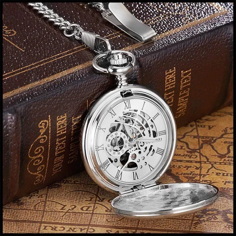Mechanisch Handaufzug Taschenuhr Silber Schwarz Edelstahlgehäuse Wasserdicht Hombre Watch Men