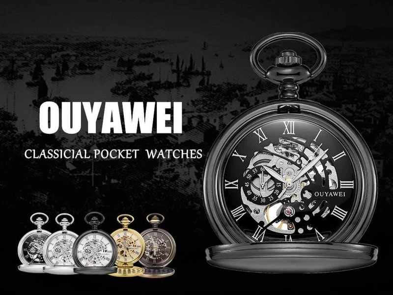 Mechanisch Handaufzug Taschenuhr Silber Schwarz Edelstahlgehäuse Wasserdicht Hombre Watch Men