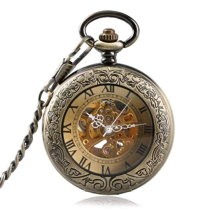Taschenuhr Männer Frauen Carving Skeleton Fashion Chain Stilvolle Fob Copper Xmas Exquisite Bronze Clock Geschenk
