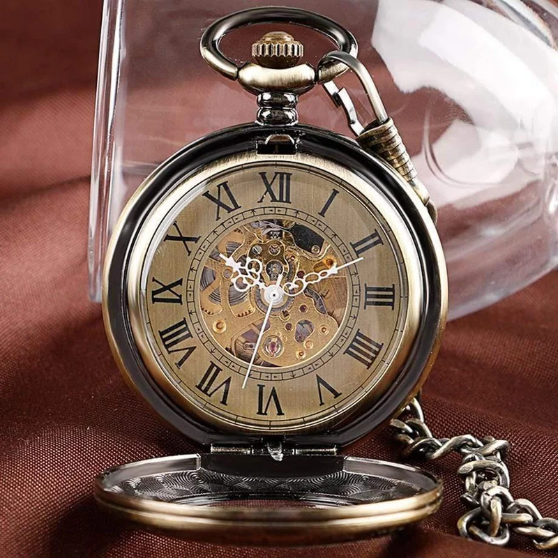 Taschenuhr Männer Frauen Carving Skeleton Fashion Chain Stilvolle Fob Copper Xmas Exquisite Bronze Clock Geschenk