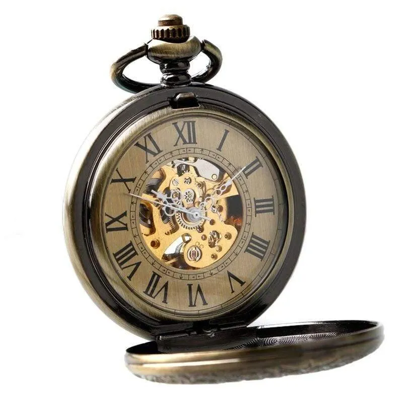 Taschenuhr Männer Frauen Carving Skeleton Fashion Chain Stilvolle Fob Copper Xmas Exquisite Bronze Clock Geschenk