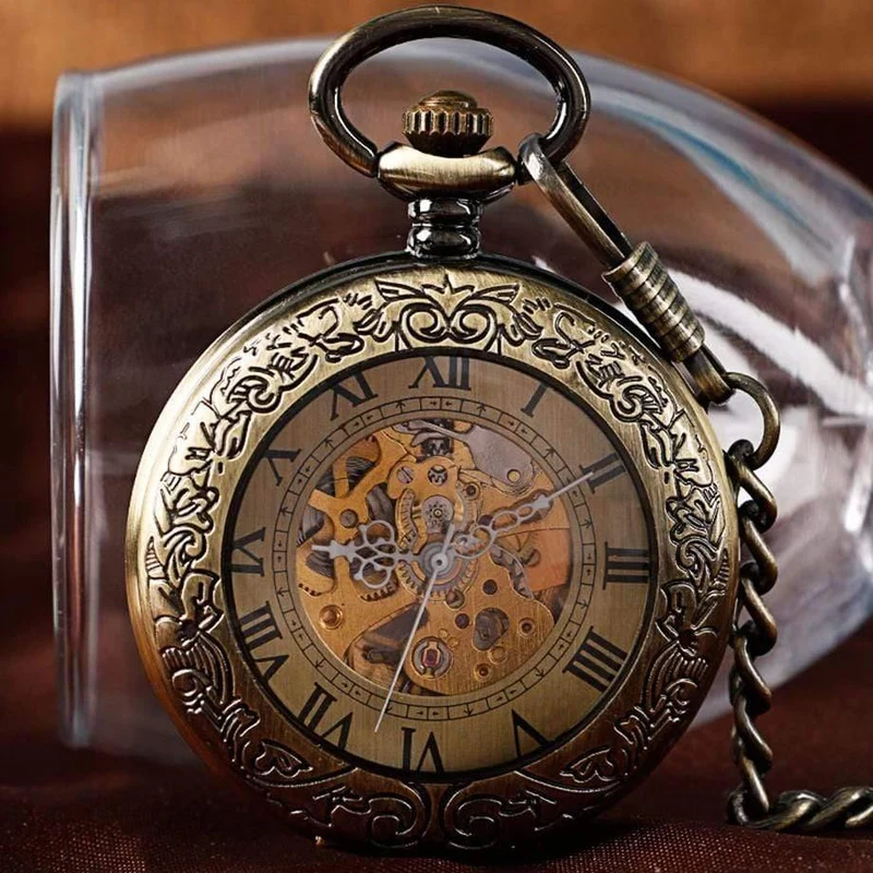 Taschenuhr Männer Frauen Carving Skeleton Fashion Chain Stilvolle Fob Copper Xmas Exquisite Bronze Clock Geschenk
