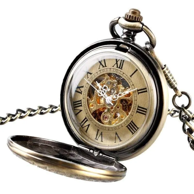 Taschenuhr Männer Frauen Carving Skeleton Fashion Chain Stilvolle Fob Copper Xmas Exquisite Bronze Clock Geschenk