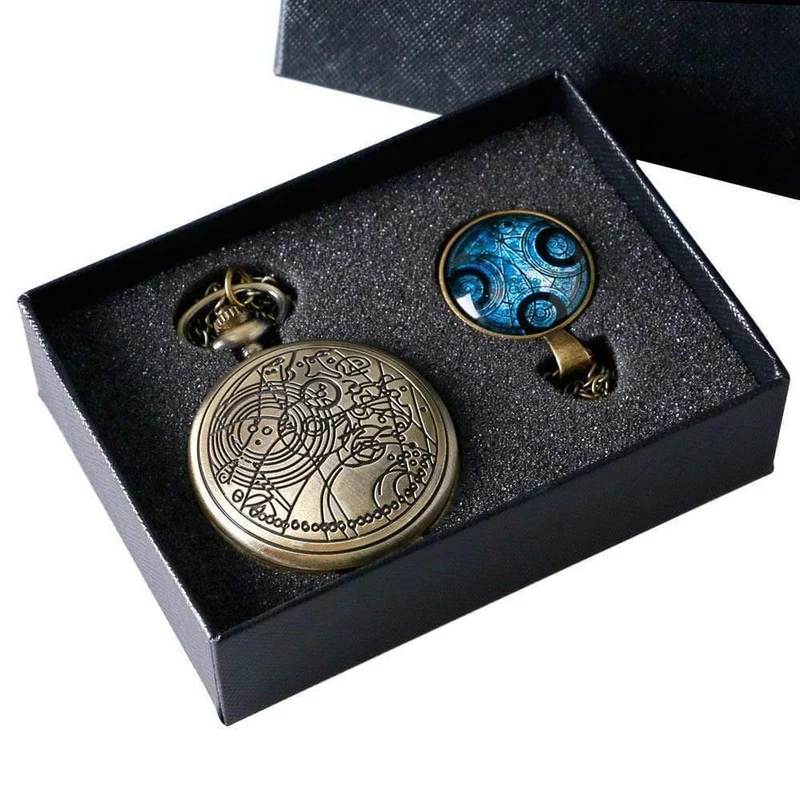 Quarz-Taschenuhr mit Dr. Who-Symbolen, Glaskuppel-Anhänger, Halskette, Kette, Box, Top-Geschenkset für Papa