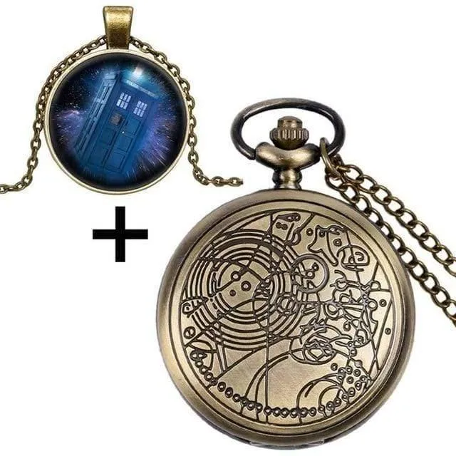 Quarz-Taschenuhr mit Dr. Who-Symbolen, Glaskuppel-Anhänger, Halskette, Kette, Box, Top-Geschenkset für Papa