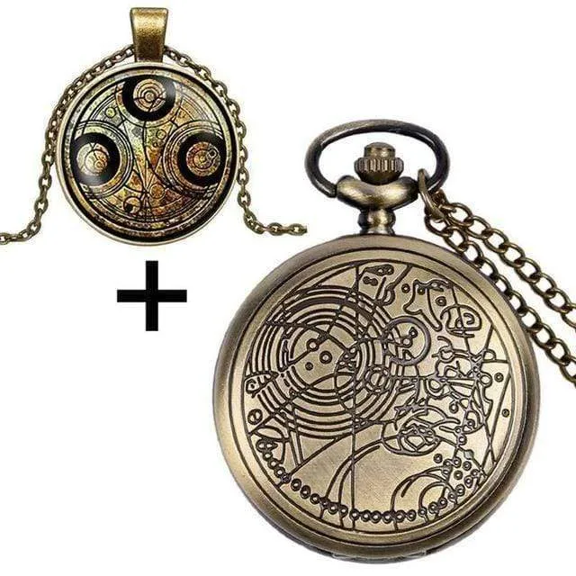 Quarz-Taschenuhr mit Dr. Who-Symbolen, Glaskuppel-Anhänger, Halskette, Kette, Box, Top-Geschenkset für Papa