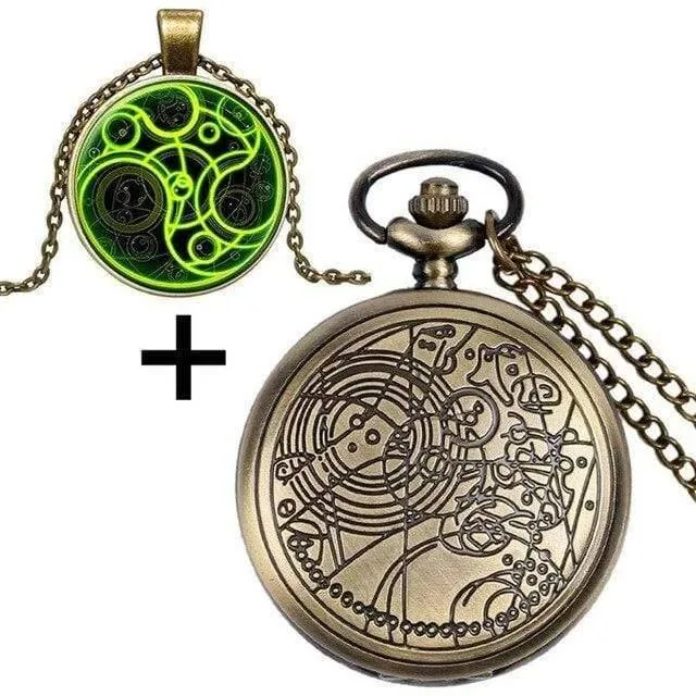 Quarz-Taschenuhr mit Dr. Who-Symbolen, Glaskuppel-Anhänger, Halskette, Kette, Box, Top-Geschenkset für Papa