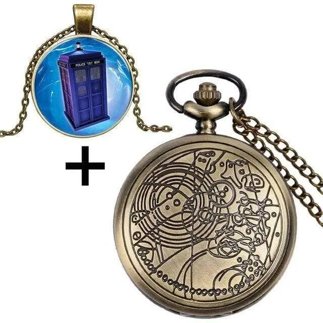 Quarz-Taschenuhr mit Dr. Who-Symbolen, Glaskuppel-Anhänger, Halskette, Kette, Box, Top-Geschenkset für Papa