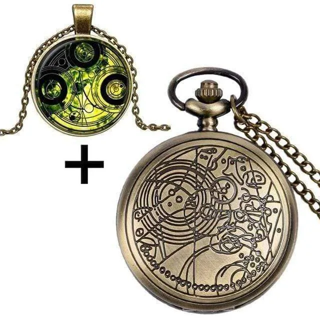 Quarz-Taschenuhr mit Dr. Who-Symbolen, Glaskuppel-Anhänger, Halskette, Kette, Box, Top-Geschenkset für Papa