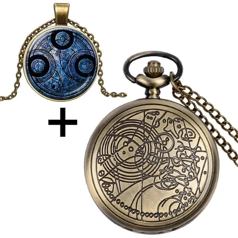 Quarz-Taschenuhr mit Dr. Who-Symbolen, Glaskuppel-Anhänger, Halskette, Kette, Box, Top-Geschenkset für Papa