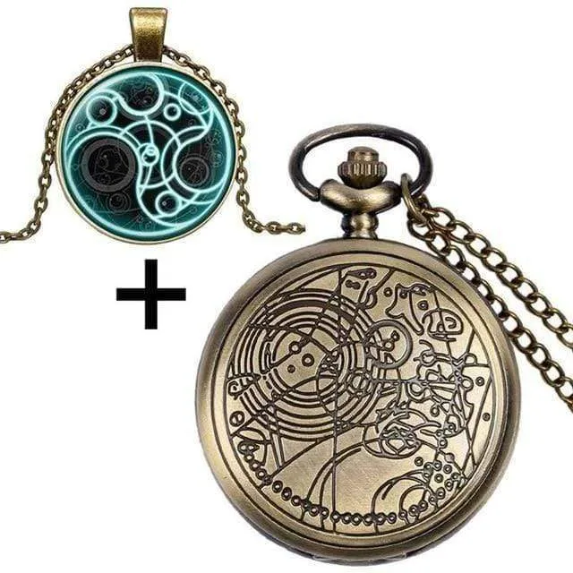 Quarz-Taschenuhr mit Dr. Who-Symbolen, Glaskuppel-Anhänger, Halskette, Kette, Box, Top-Geschenkset für Papa