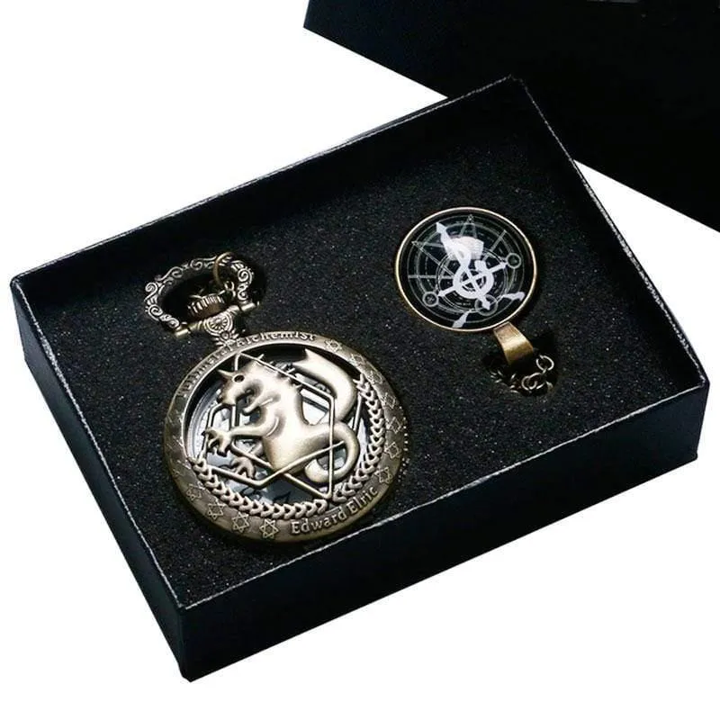 Cartoon Fullmetal Alchemist Edward Taschenuhr mit Halskette & Anhänger Kette Cosplay Kostüm Luxus Geschenkset
