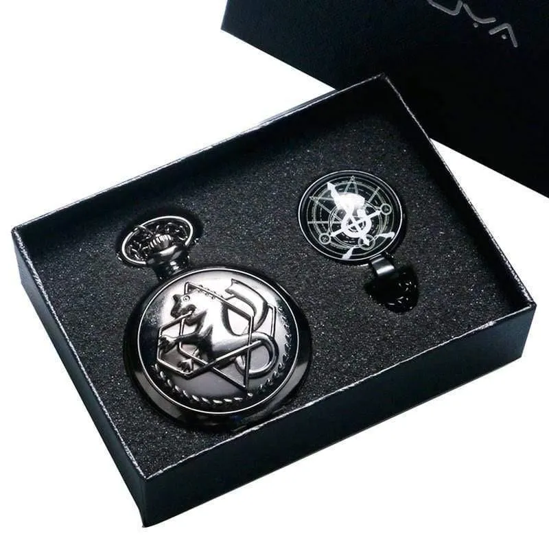 Cartoon Fullmetal Alchemist Edward Taschenuhr mit Halskette & Anhänger Kette Cosplay Kostüm Luxus Geschenkset