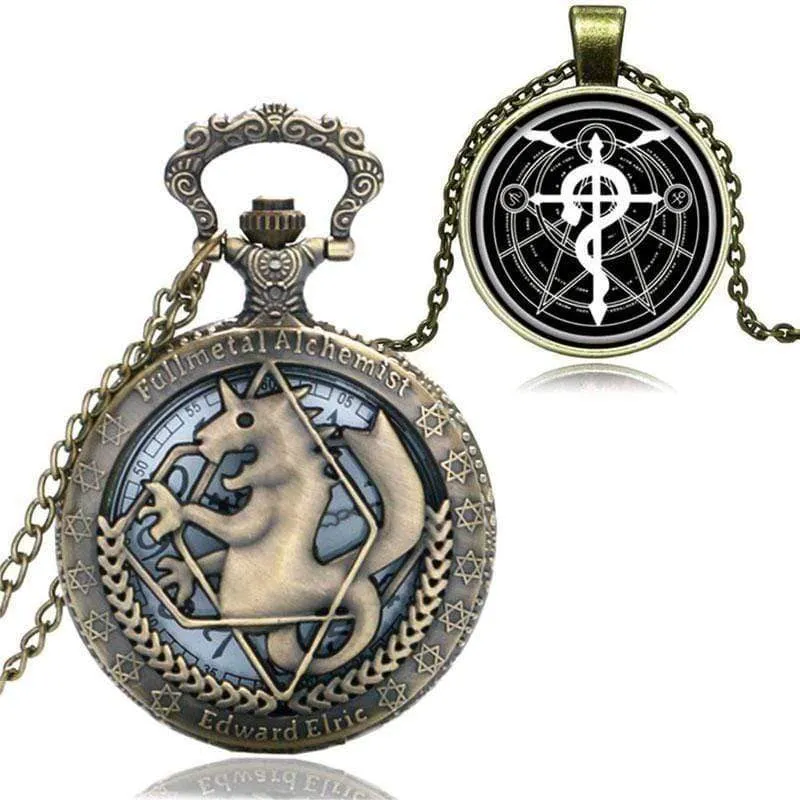 Cartoon Fullmetal Alchemist Edward Taschenuhr mit Halskette & Anhänger Kette Cosplay Kostüm Luxus Geschenkset