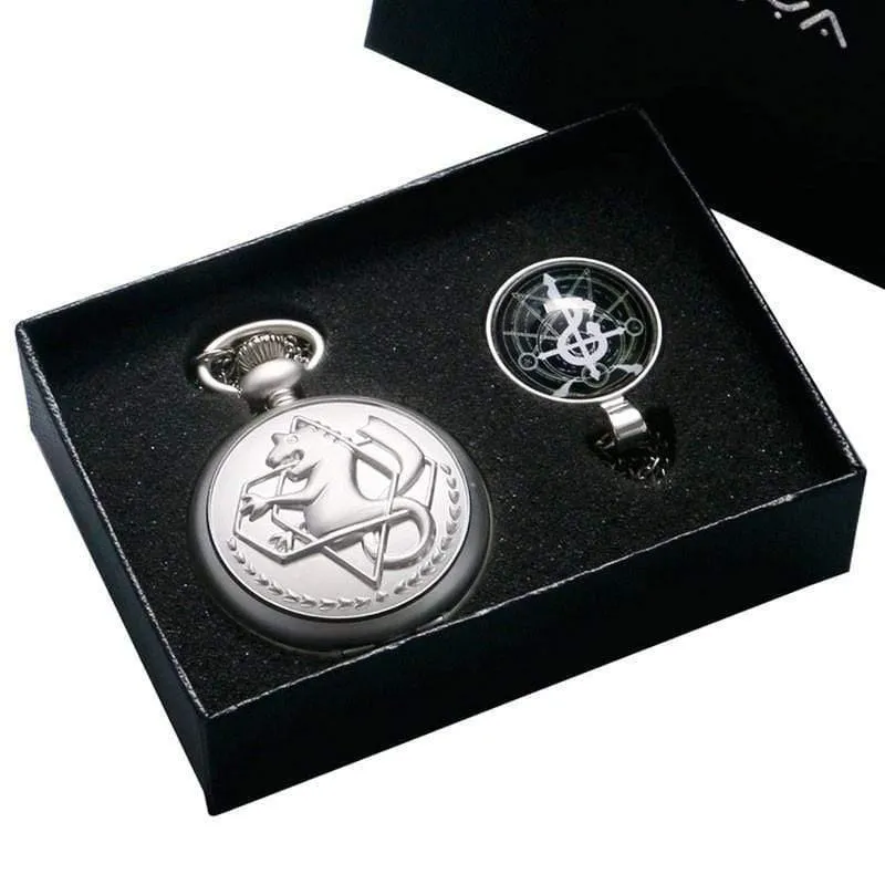 Cartoon Fullmetal Alchemist Edward Taschenuhr mit Halskette & Anhänger Kette Cosplay Kostüm Luxus Geschenkset