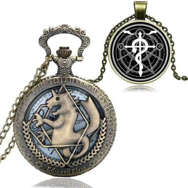 Cartoon Fullmetal Alchemist Edward Taschenuhr mit Halskette & Anhänger Kette Cosplay Kostüm Luxus Geschenkset