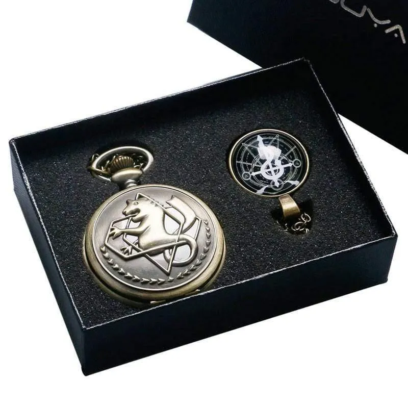Cartoon Fullmetal Alchemist Edward Taschenuhr mit Halskette & Anhänger Kette Cosplay Kostüm Luxus Geschenkset
