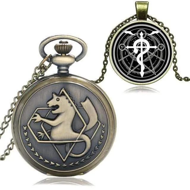 Cartoon Fullmetal Alchemist Edward Taschenuhr mit Halskette & Anhänger Kette Cosplay Kostüm Luxus Geschenkset