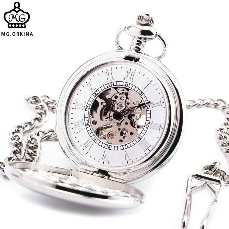 Mechanische Taschenuhr, strukturierter Deckel, silbernes Edelstahlgehäuse, stilvolles skelettiertes Zifferblatt mit römischen Ziffern