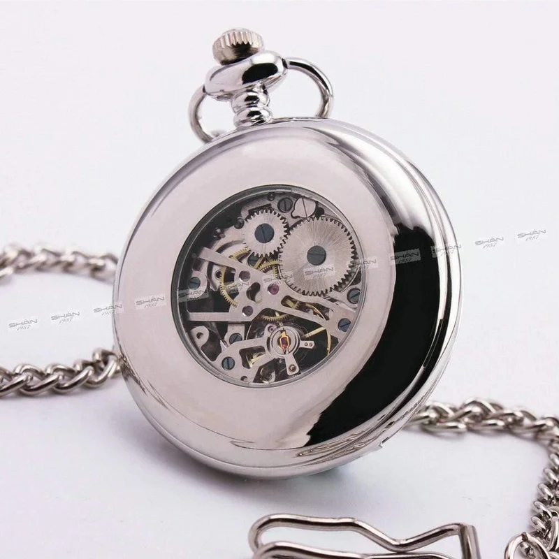 Mechanische Taschenuhr, strukturierter Deckel, silbernes Edelstahlgehäuse, stilvolles skelettiertes Zifferblatt mit römischen Ziffern