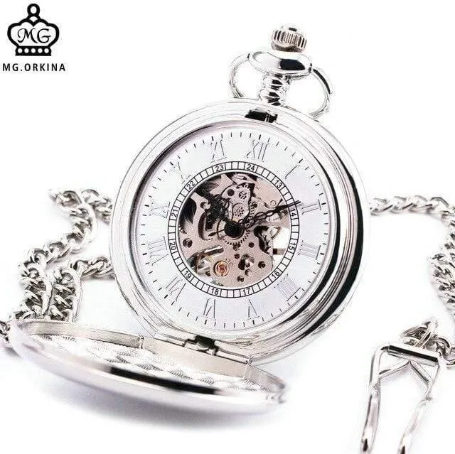 Mechanische Taschenuhr, strukturierter Deckel, silbernes Edelstahlgehäuse, stilvolles skelettiertes Zifferblatt mit römischen Ziffern