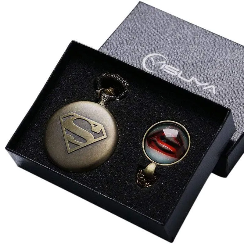 Herren Cool Superman Bronze Quarz Taschenuhr Halskette Anhänger Fob Kette Junge Uhren Geschenkbox Uhren von Bolsillo