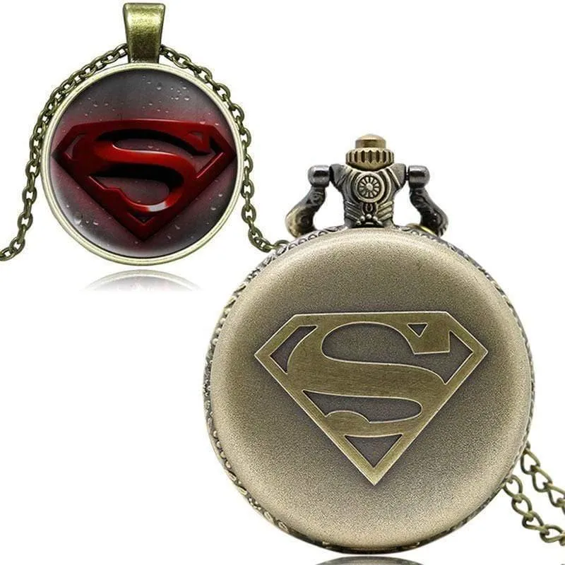 Herren Cool Superman Bronze Quarz Taschenuhr Halskette Anhänger Fob Kette Junge Uhren Geschenkbox Uhren von Bolsillo