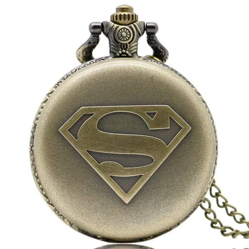 Herren Cool Superman Bronze Quarz Taschenuhr Halskette Anhänger Fob Kette Junge Uhren Geschenkbox Uhren von Bolsillo