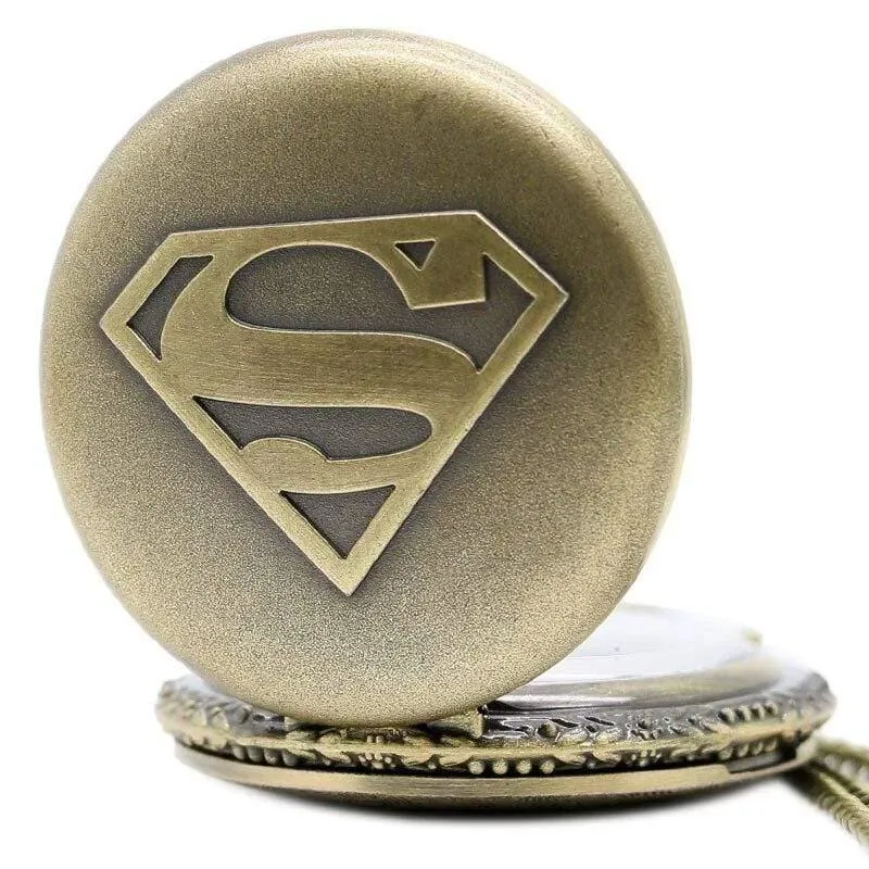 Herren Cool Superman Bronze Quarz Taschenuhr Halskette Anhänger Fob Kette Junge Uhren Geschenkbox Uhren von Bolsillo
