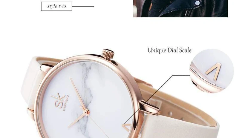 Damenuhren Leder Weibliche Quarzuhr Frauen Dünne Beiläufige Bügeluhr Reloj Mujer Marmor Zifferblatt SK
