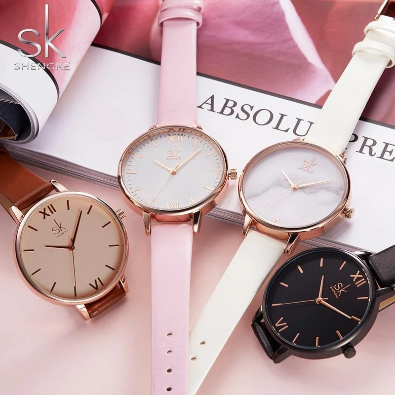 Damenuhren Leder Weibliche Quarzuhr Frauen Dünne Beiläufige Bügeluhr Reloj Mujer Marmor Zifferblatt SK