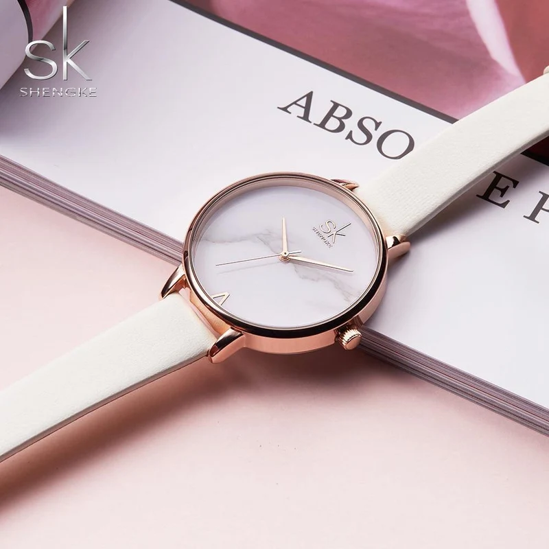 Damenuhren Leder Weibliche Quarzuhr Frauen Dünne Beiläufige Bügeluhr Reloj Mujer Marmor Zifferblatt SK