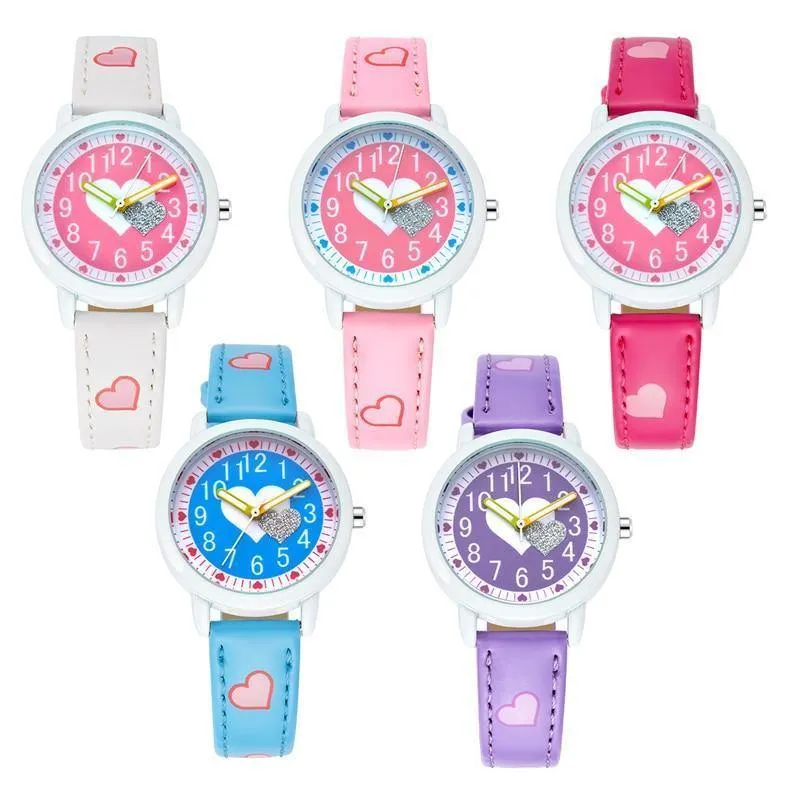Liebe Herzen Kind Uhren Mädchen Leder Druck Armband Cartoon Kinder Uhr Studenten Quarz Armbanduhr Lässige Mode