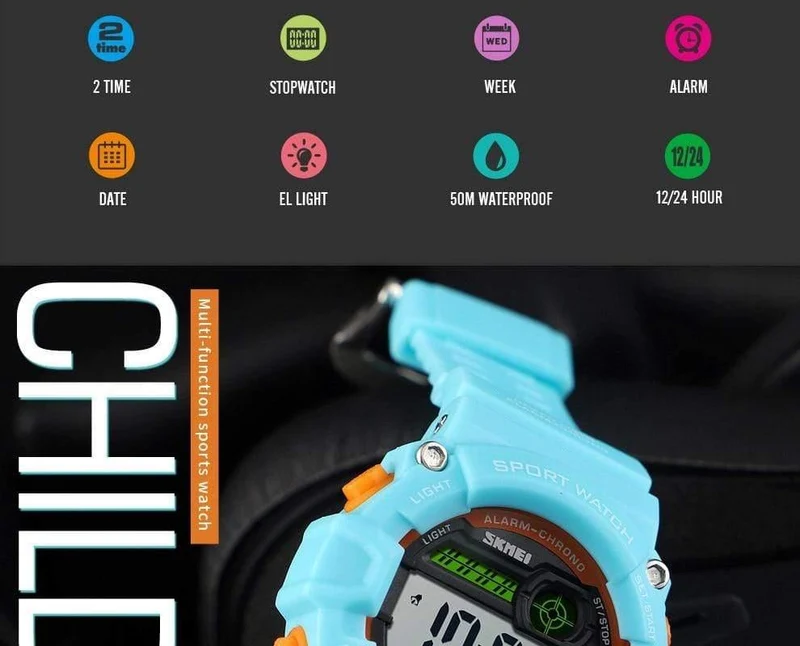 Kinderuhren Digitale Armbanduhr 50M Wasserdichtes Kunststoffgehäuse Alarm Jungen Mädchen Kinderuhr 1484 reloj
