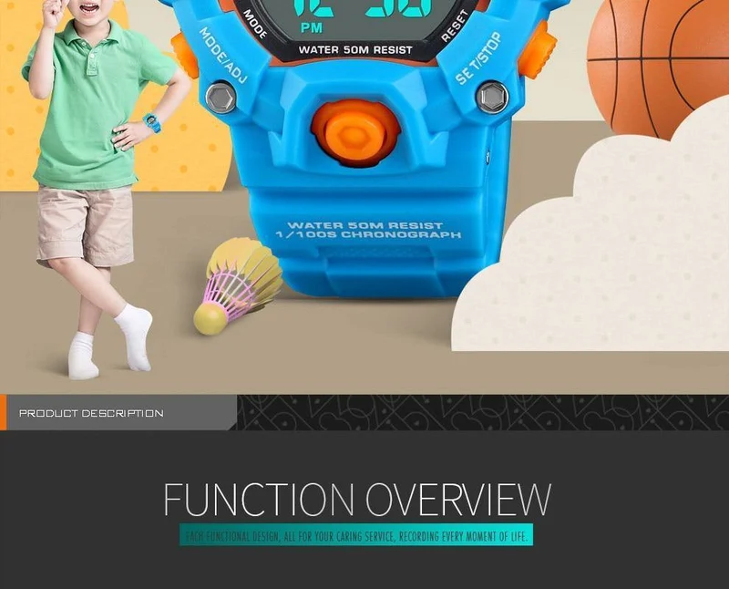 Kinderuhren Digitale Armbanduhr 50M Wasserdichtes Kunststoffgehäuse Alarm Jungen Mädchen Kinderuhr 1484 reloj