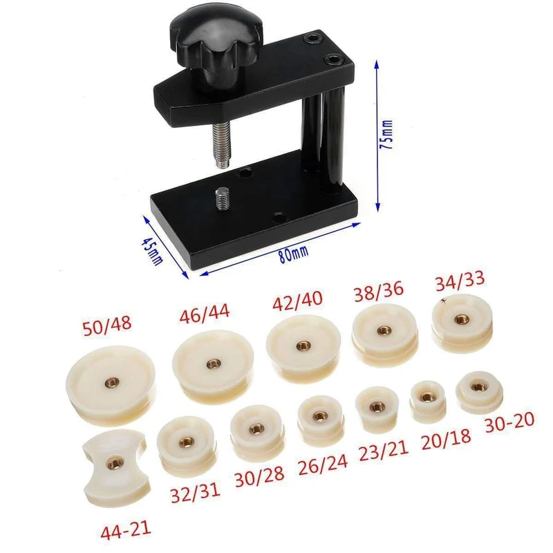 Uhrmacher-Werkzeug, Uhrenpressen-Set + 12-teiliges Kunststoffkappen-Gehäuseschließer, passend für 20–50 mm, praktischer, arbeitssparender, langlebiger