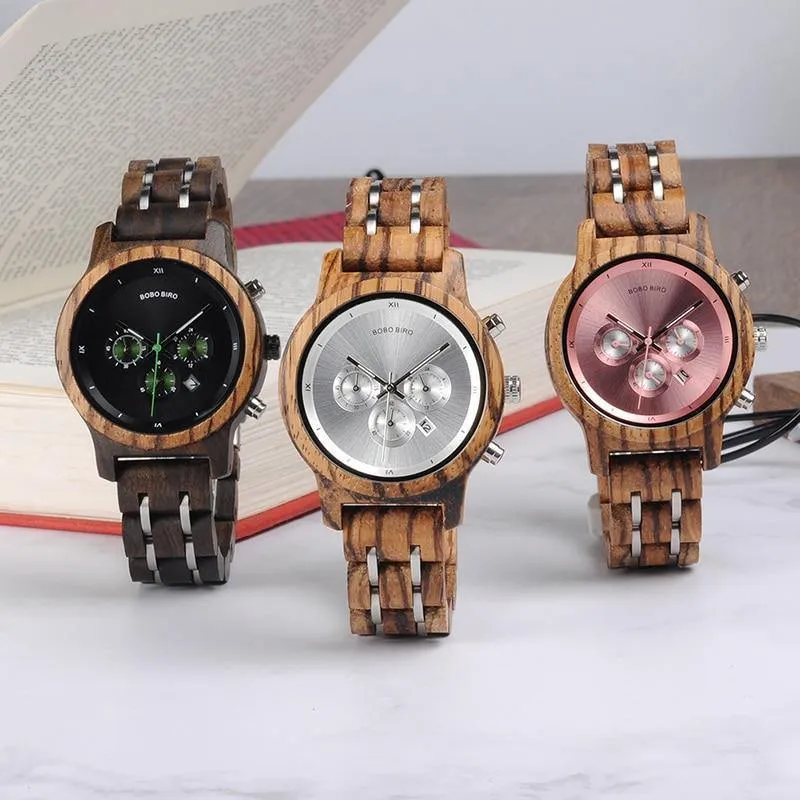 Holzuhren für Liebhaber, kombiniertes Design aus Holz und Stahl mit Stoppuhr in drei Farben