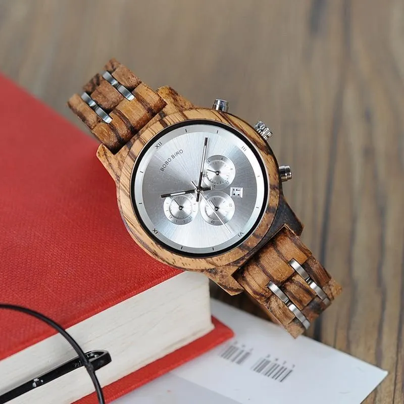 Holzuhren für Liebhaber, kombiniertes Design aus Holz und Stahl mit Stoppuhr in drei Farben