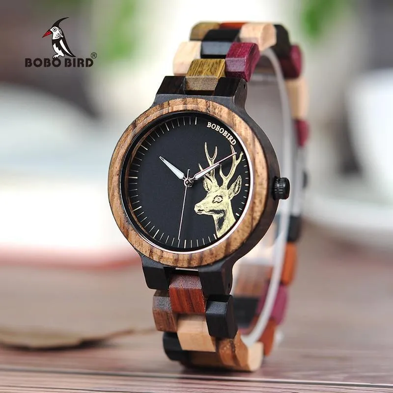 Quarzuhr für Männer, reloj mujer, Elchgravur, hölzerne Damenuhren in Holzbox, relogio masculino, tolles Geschenk für Liebhaber