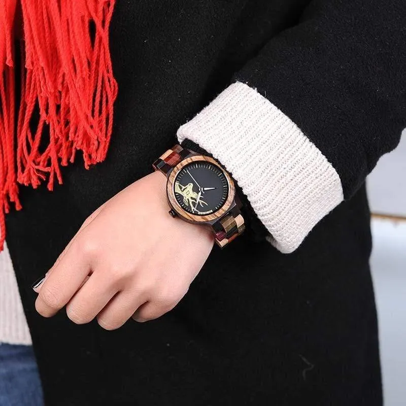 Quarzuhr für Männer, reloj mujer, Elchgravur, hölzerne Damenuhren in Holzbox, relogio masculino, tolles Geschenk für Liebhaber