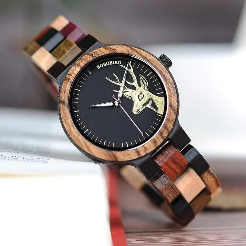 Quarzuhr für Männer, reloj mujer, Elchgravur, hölzerne Damenuhren in Holzbox, relogio masculino, tolles Geschenk für Liebhaber