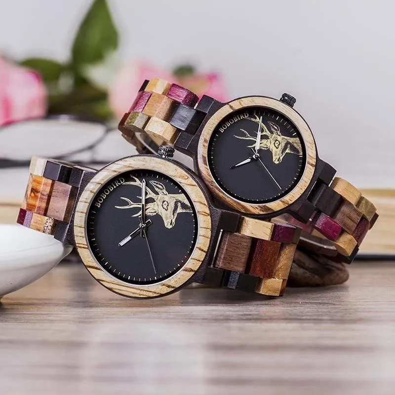 Quarzuhr für Männer, reloj mujer, Elchgravur, hölzerne Damenuhren in Holzbox, relogio masculino, tolles Geschenk für Liebhaber