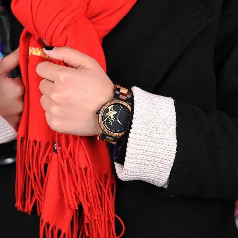 Quarzuhr für Männer, reloj mujer, Elchgravur, hölzerne Damenuhren in Holzbox, relogio masculino, tolles Geschenk für Liebhaber