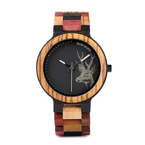 Quarzuhr für Männer, reloj mujer, Elchgravur, hölzerne Damenuhren in Holzbox, relogio masculino, tolles Geschenk für Liebhaber