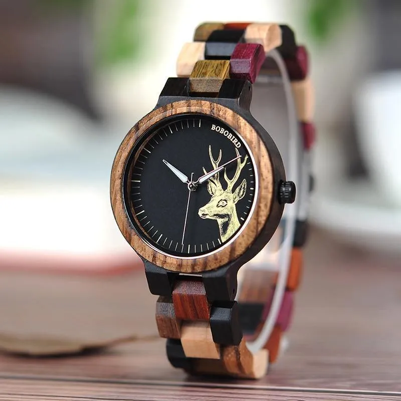Quarzuhr für Männer, reloj mujer, Elchgravur, hölzerne Damenuhren in Holzbox, relogio masculino, tolles Geschenk für Liebhaber